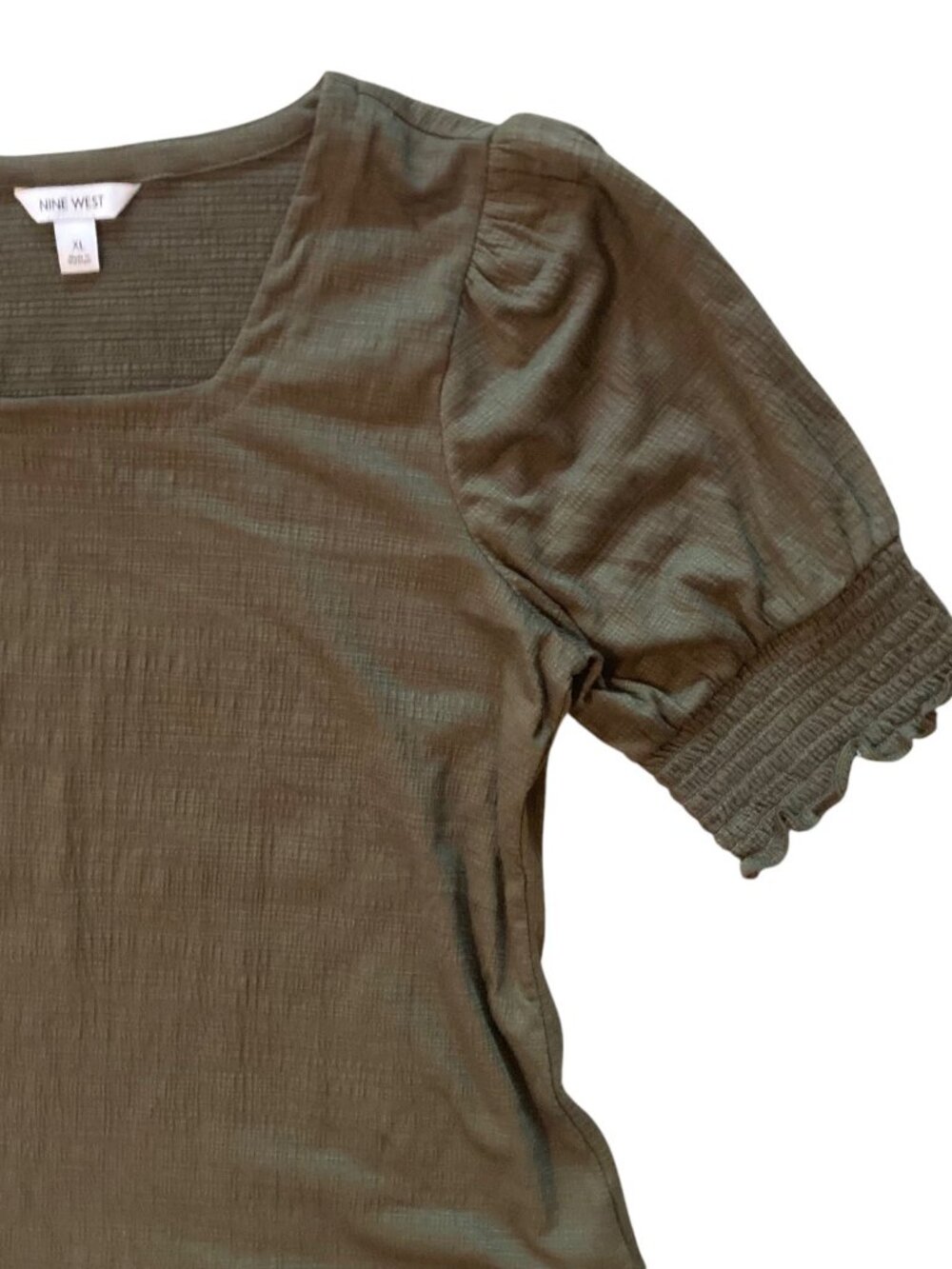 Women's NINE WEST Smocked Puff-Sleeve Blouse OLIVE GREEN Size XL